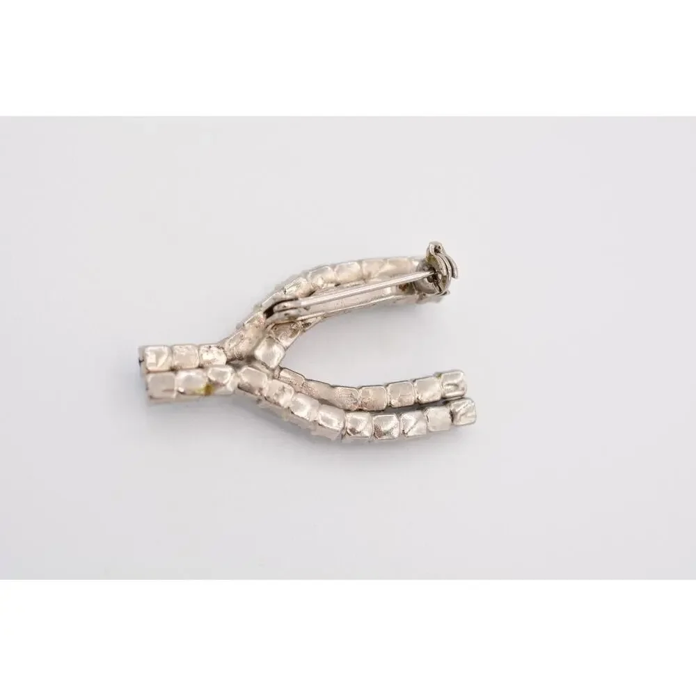 Vintage Wishbone Pin Brooch Blue Rhinestone Crystal Silver Tone Prong 80s BinAT